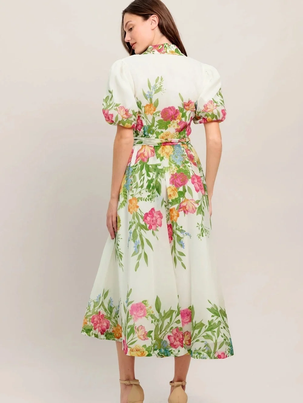Flying Tomato Midi Floral Tie-Waist Dress in Cream and Green with Bell Sleeves - Picture 7 of 16